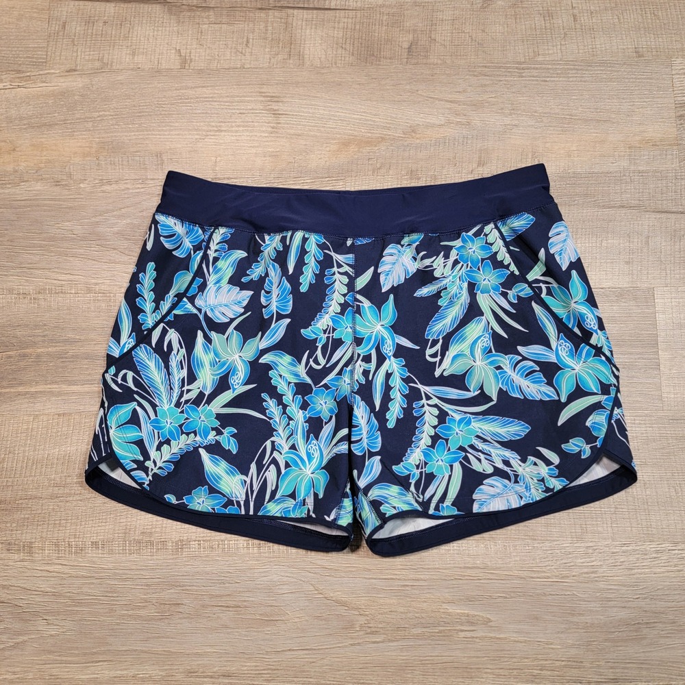 Lands End Womens 18 Blue Tropical Floral Board Shorts Swim Shorts Pockets